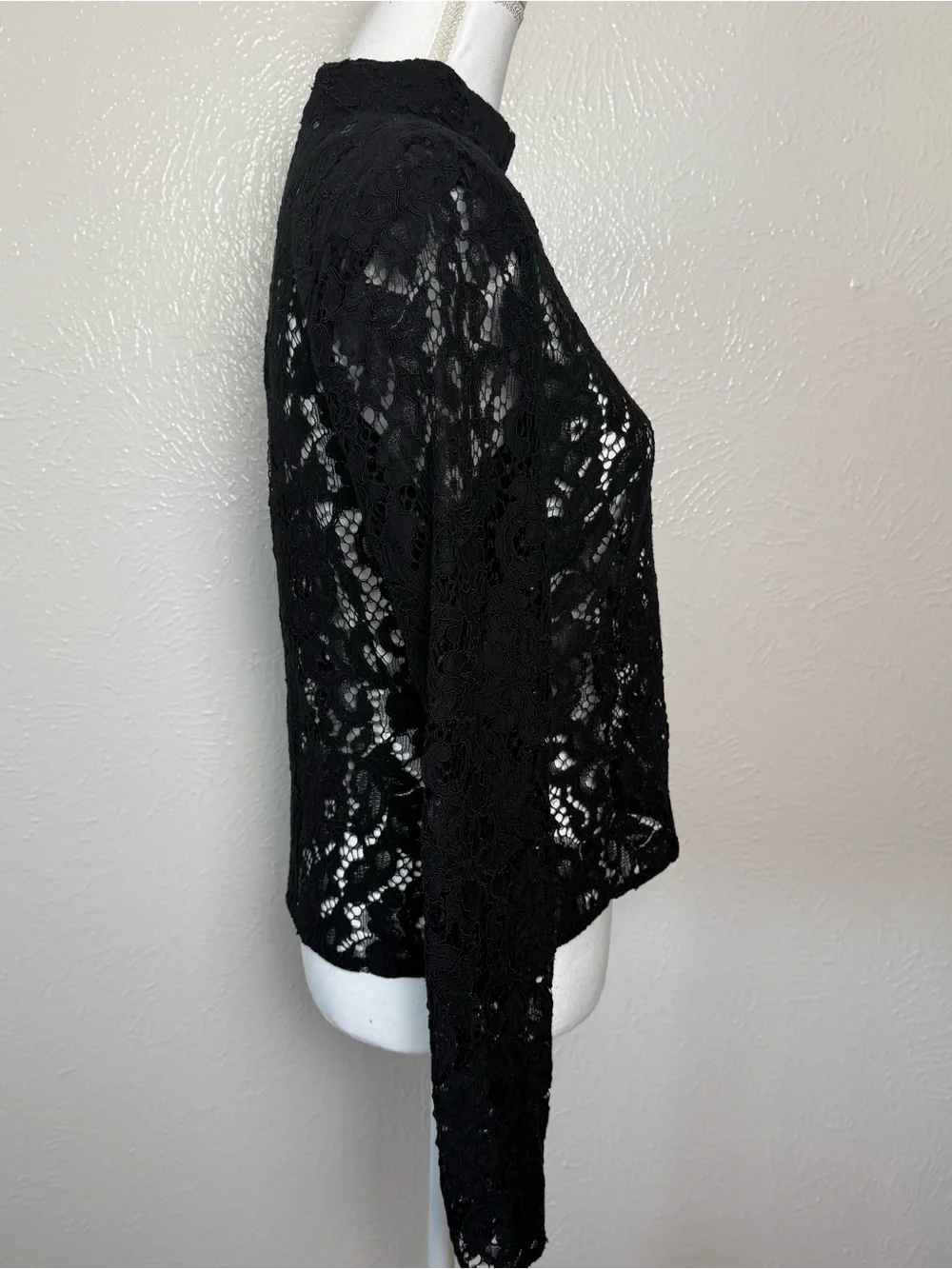 Zara Black Floral Lace High Neck Long Sleeve Sheer Top Large